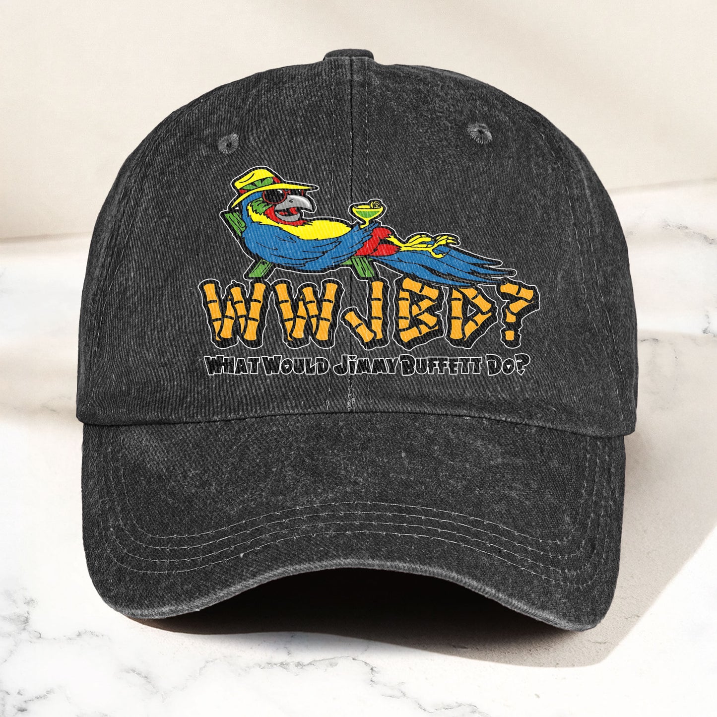 What Would Jimmy Buffett Do Denim Cap – Retro Jimmy Buffett Merch Dad Hat (With Box)