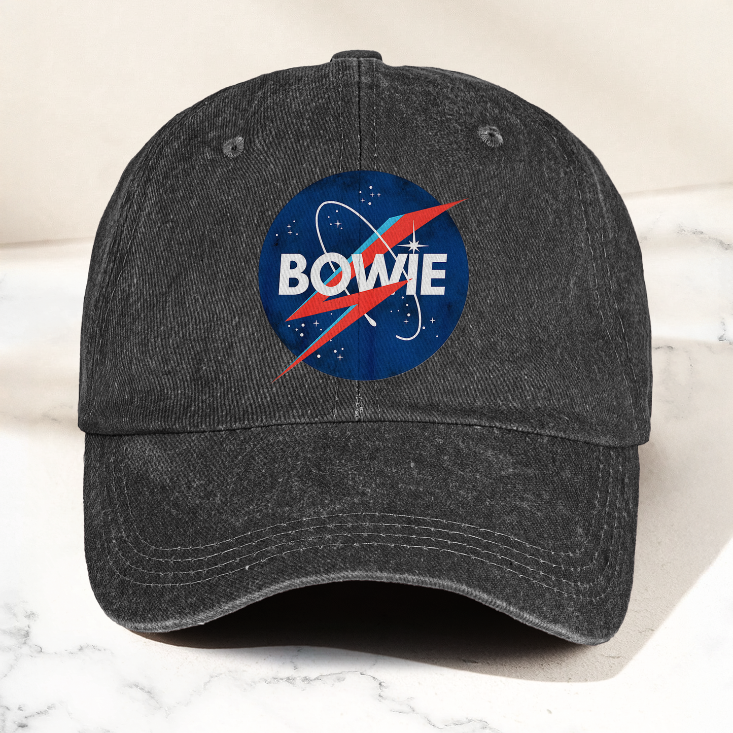 David Bowie NASA Lightning Bolt Logo Denim Cap – Retro Punk Rock Music Fan Cap Gift For Dad (With Box)