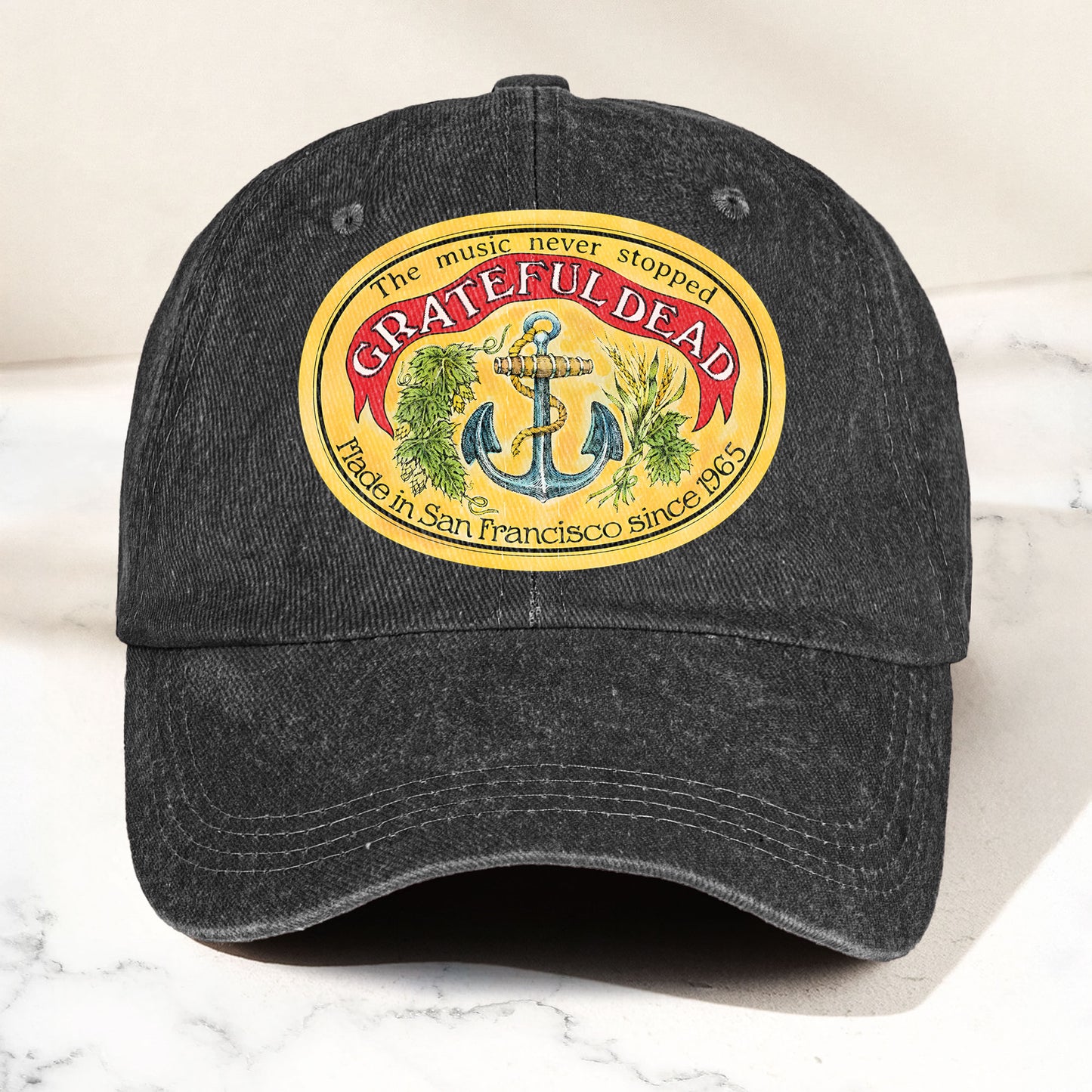 The Music Never Stopped Denim Cap – Grateful Dead Tribute Merch Dad Hat (With Box)