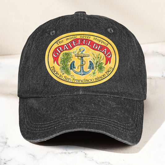 The Music Never Stopped Denim Cap – Grateful Dead Tribute Merch Dad Hat (With Box)