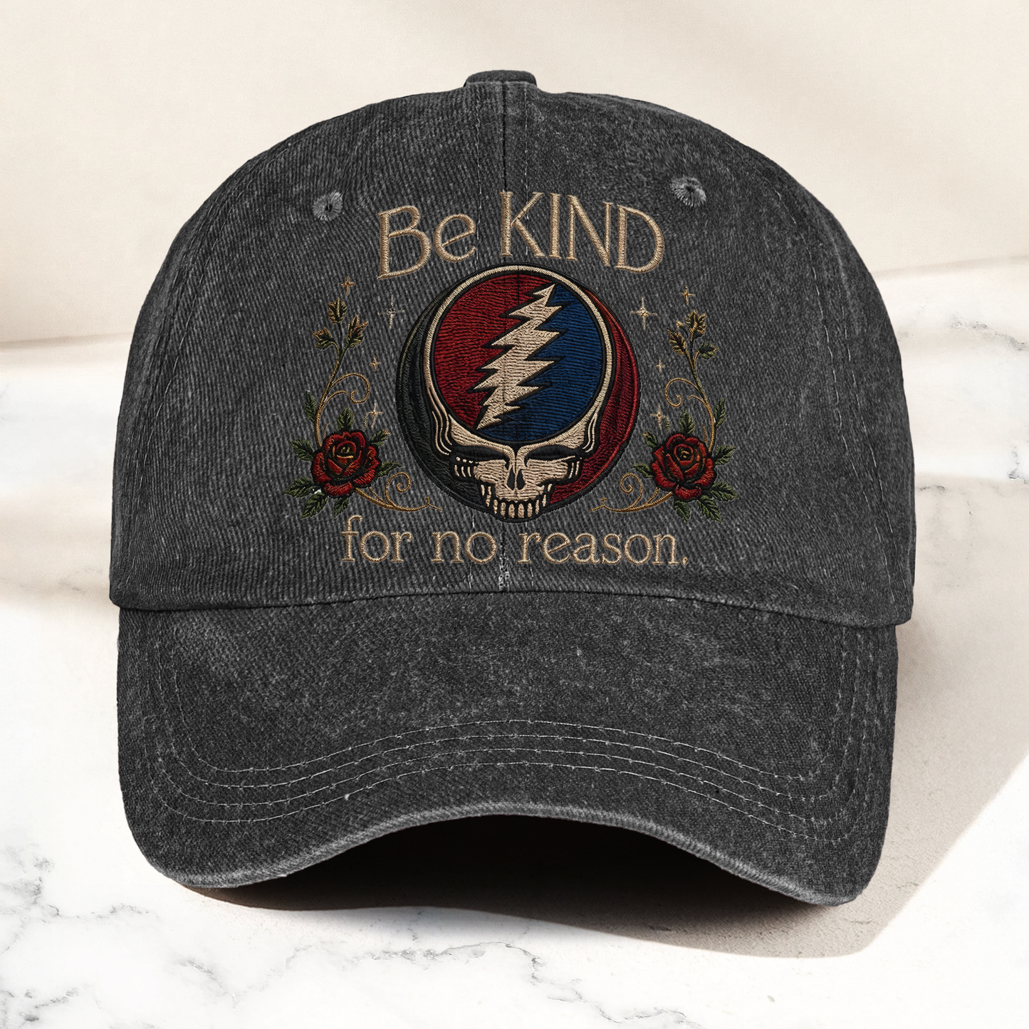 Grateful Dead Be Kind For No Reason Steal Your Face Lightning Skull Denim Cap – Retro Vintage Dad Cap Gift For Dad (With Box)