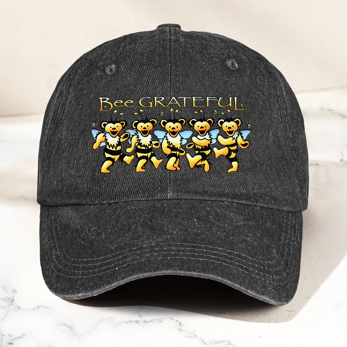 Bee Grateful Denim Cap – Dancing Bears Bee Parody Retro Dad Hat (With Box)