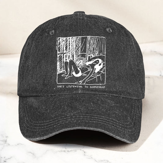 She's Listening to Radiohead Denim Cap – Retro Radiohead Tribute Merch Dad Hat (With Box)