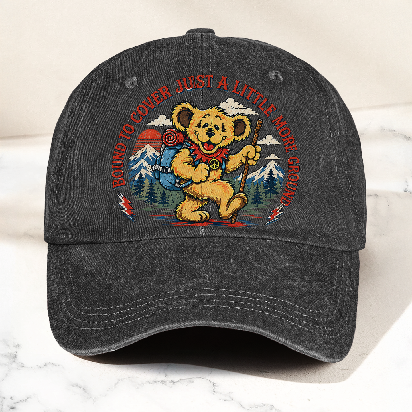 Grateful Dead Truckin Bound To Cover Just A Little More Ground Hiking Bear Denim Cap – Retro Vintage Dad Cap Gift For Dad (With Box)