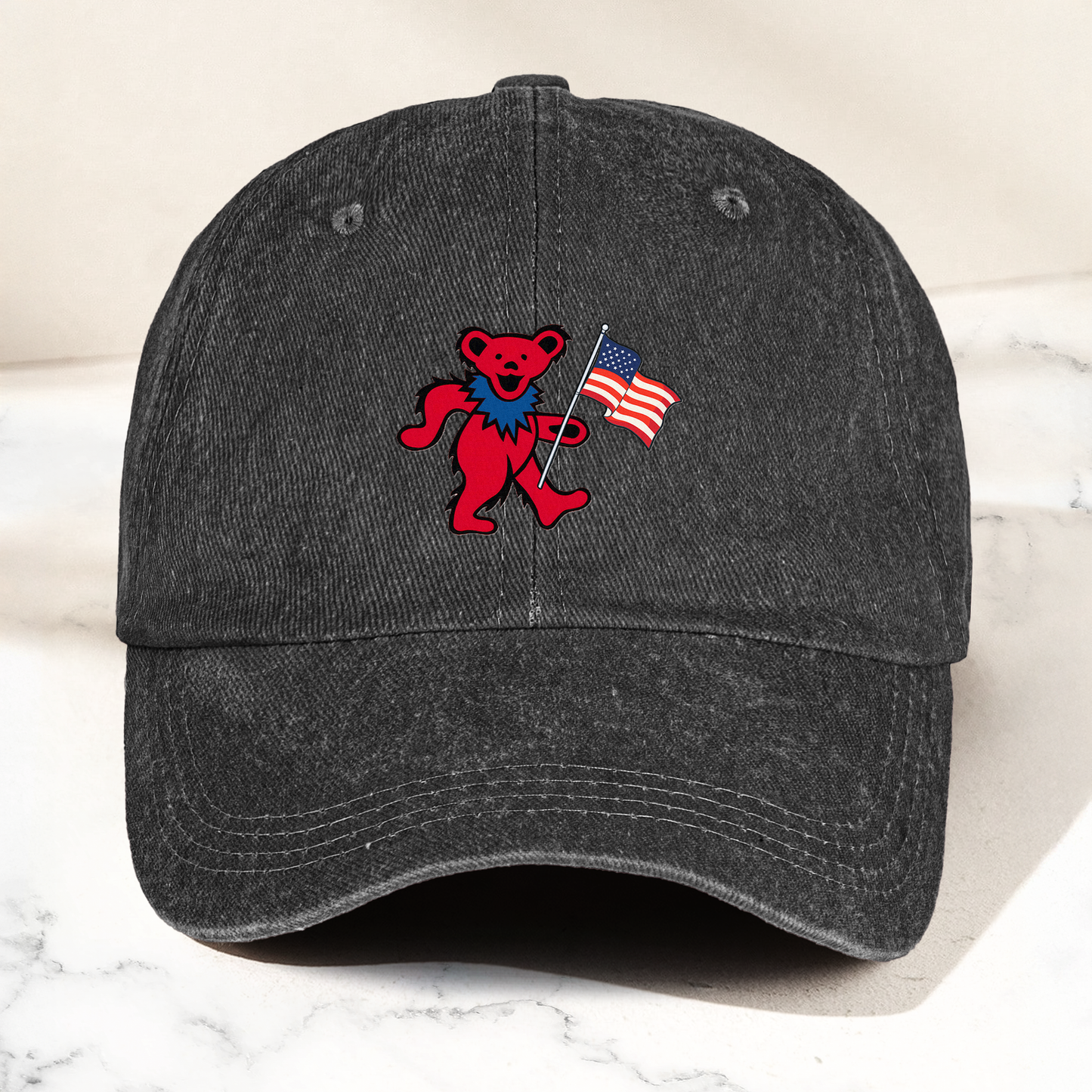 Patriotic Dancing Bear Denim Cap – Retro USA Flag Dad Hat (With Box)