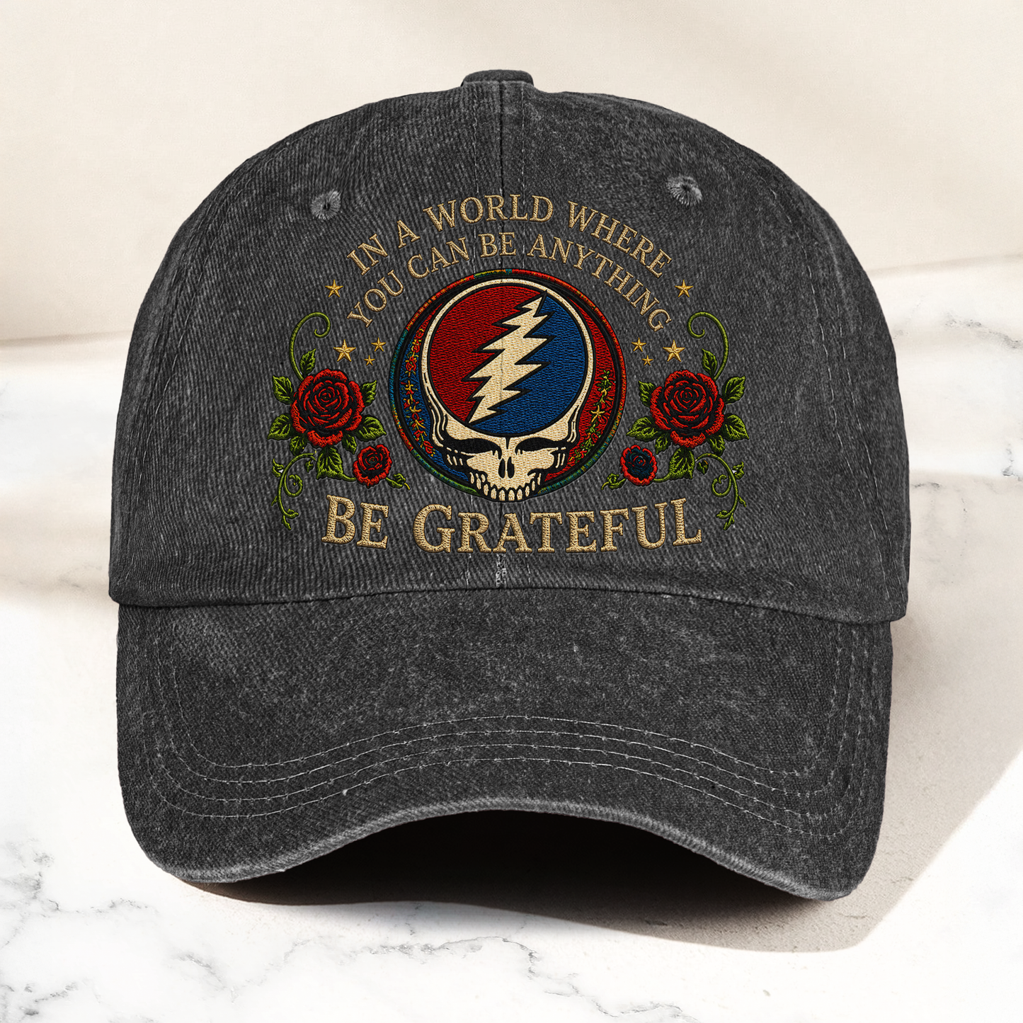 Grateful Dead Be Grateful Steal Your Face Lightning Skull Denim Cap – Retro Vintage Dad Cap Gift For Dad (With Box)