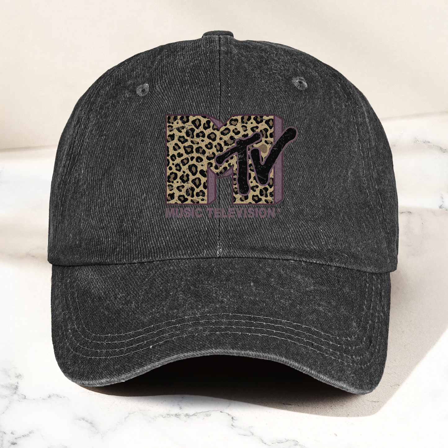 MTV Pink Leopard Logo Cap – Vintage Washed Hat, Retro Music Television Aesthetic Streetwear Hat (With Box)