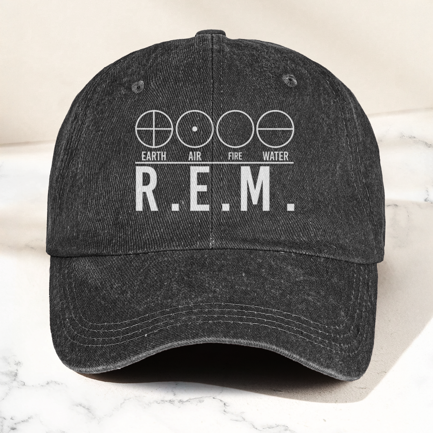 R.E.M Elements Logo Cap – Vintage Washed Black Denim Dad Hat, Earth Air Fire Water Minimalist Band Hat (With Box)