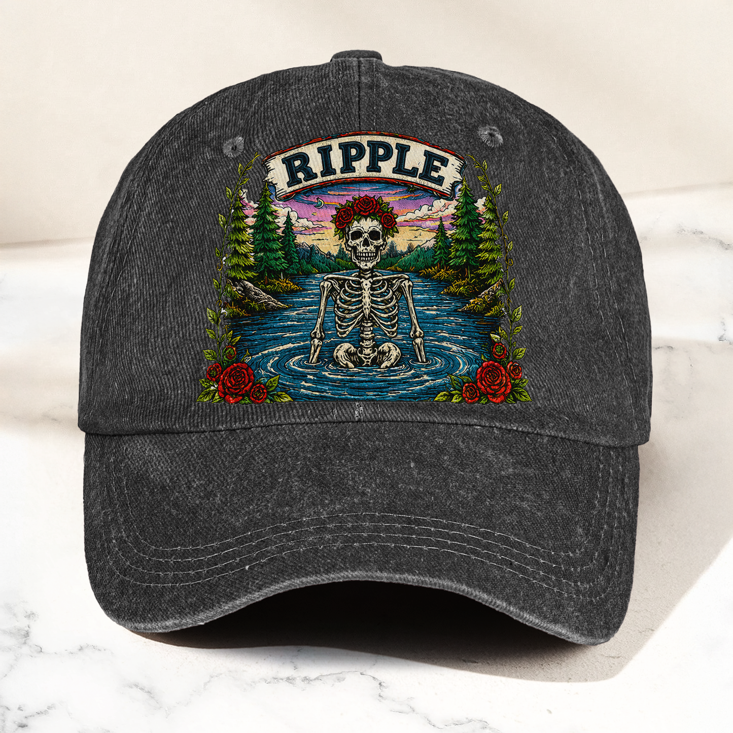 Grateful Dead Ripple Lyrics Skeleton River Nature Denim Cap – Retro Vintage Dad Cap Gift For Dad (With Box)