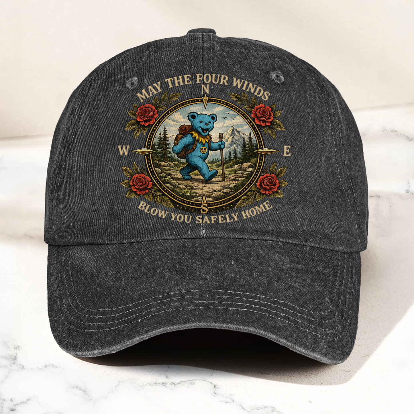 Grateful Dead Franklin's Tower May The Four Winds Blow You Safely Home Blue Dancing Bear Hiking Denim Cap – Retro Vintage Dad Cap Gift For Dad (With Box)