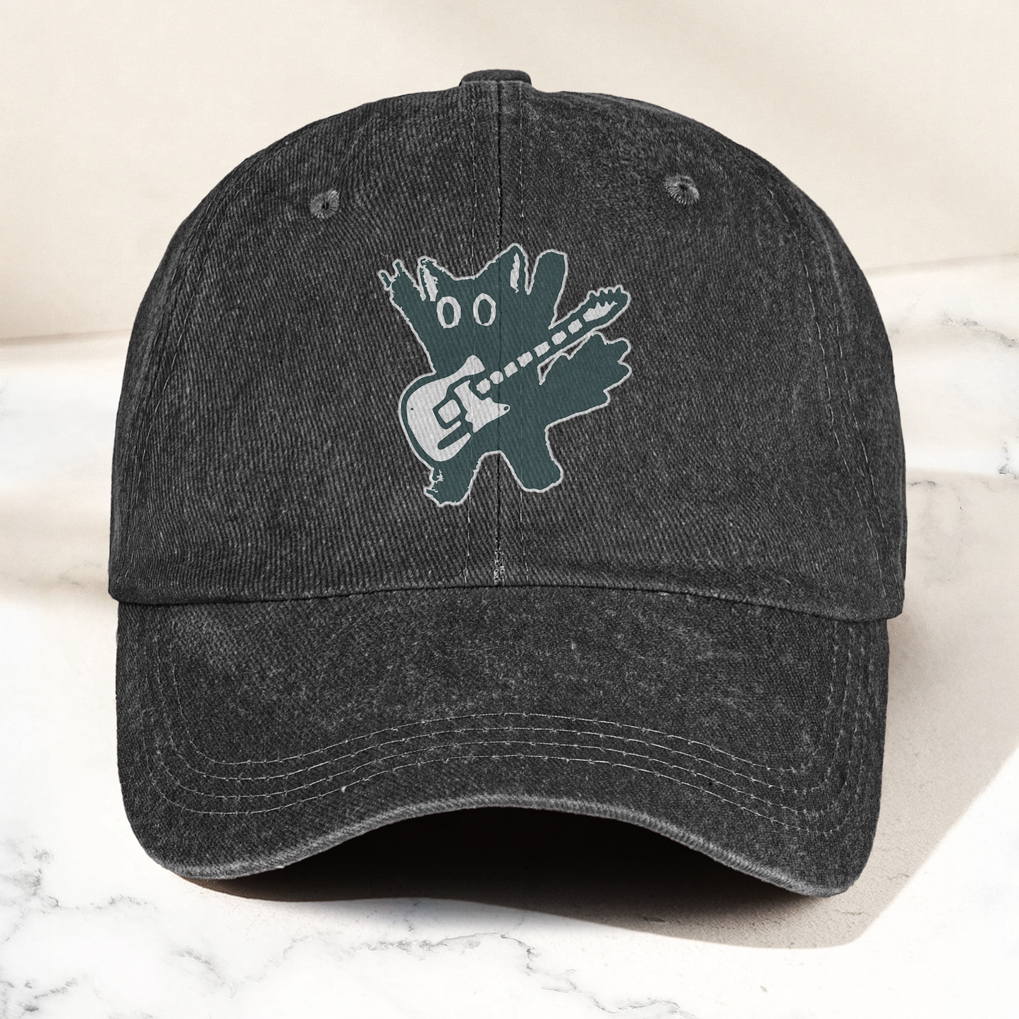 Rockstar Cat Artwork Vintage Denim Cap – Retro The Cure Band Merch Gift for Dad (With Box)