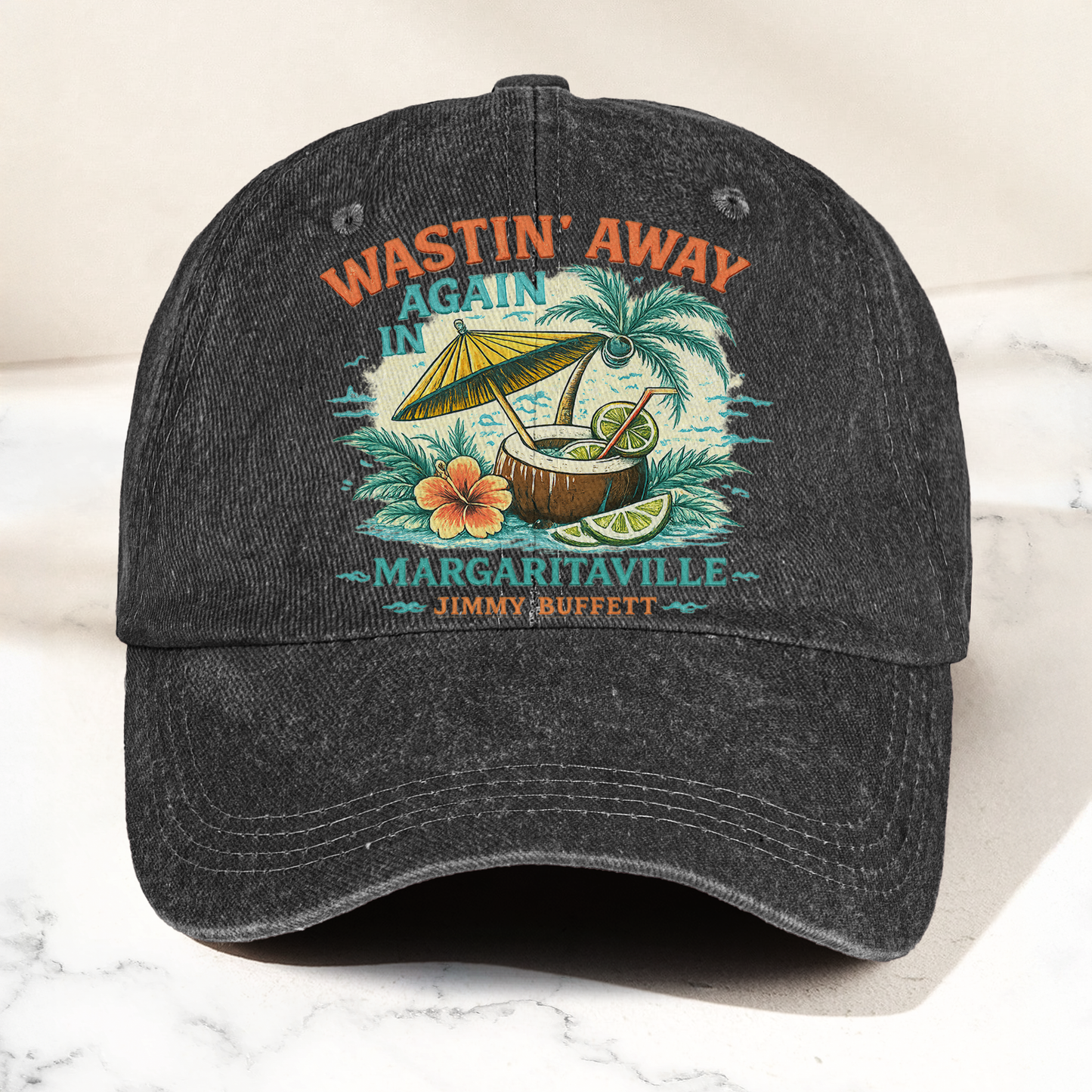Jimmy Buffett Margaritaville Wastin Away Again Tropical Cocktail Beach Denim Cap – Retro Vintage Dad Cap Gift For Dad (With Box)