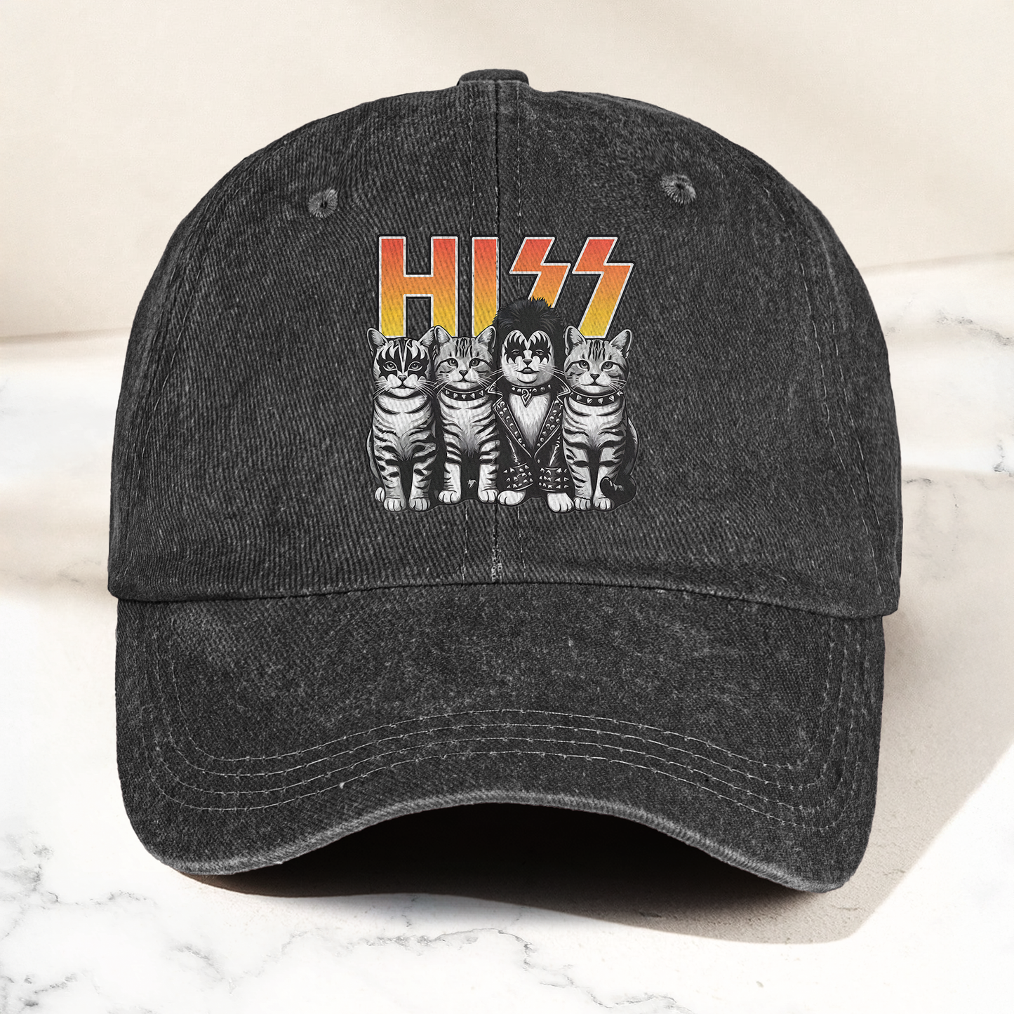 Hiss Cats Rock Kittens Denim Cap – Retro Hiss Band Merch Gift for Dad (With Box)