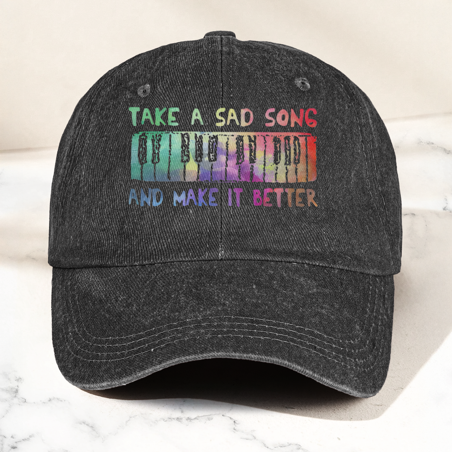 Take A Sad Song Piano Cap – Vintage Blue Dad Hat, Retro Music Quote Minimalist Piano Hat (With Box)