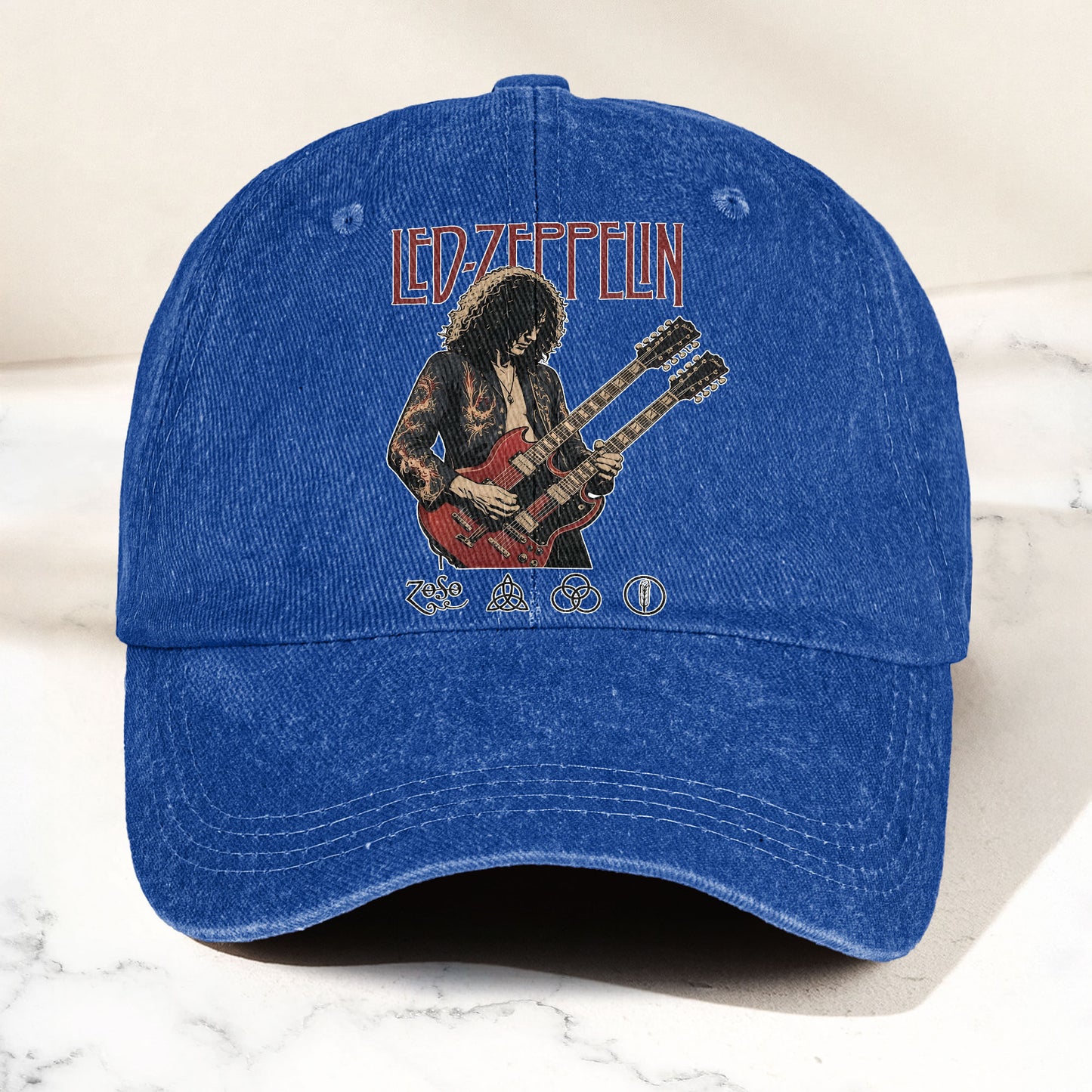 Led Zeppelin Jimmy Page Double Neck Guitar Zoso Music Merch Denim Cap – Retro Vintage Dad Cap Gift For Dad (With Box)