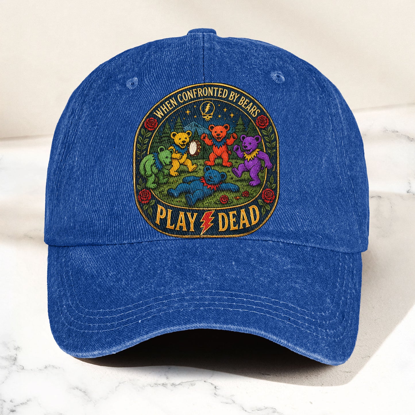 Grateful Dead When Confronted By Bears Dancing Bears Denim Cap – Retro Vintage Dad Cap Gift For Dad (With Box)