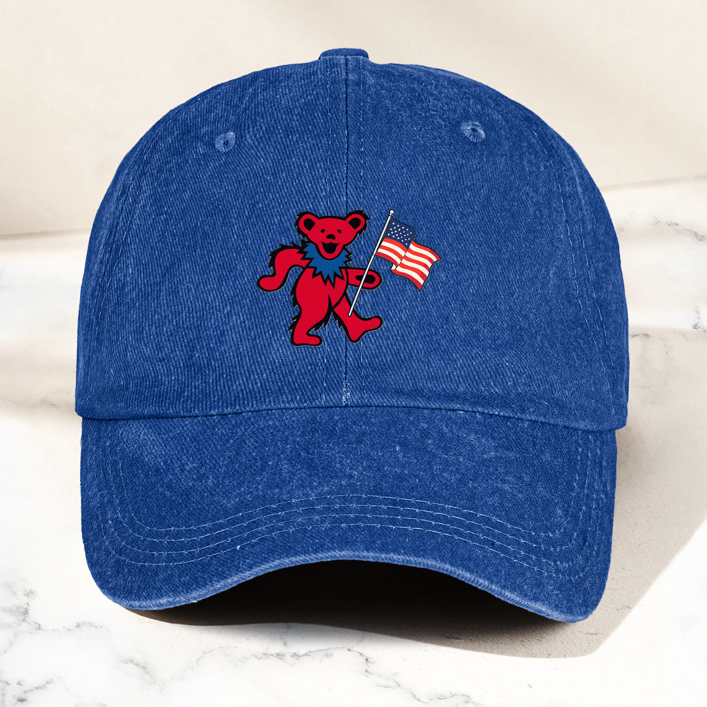 Patriotic Dancing Bear Denim Cap – Retro USA Flag Dad Hat (With Box)