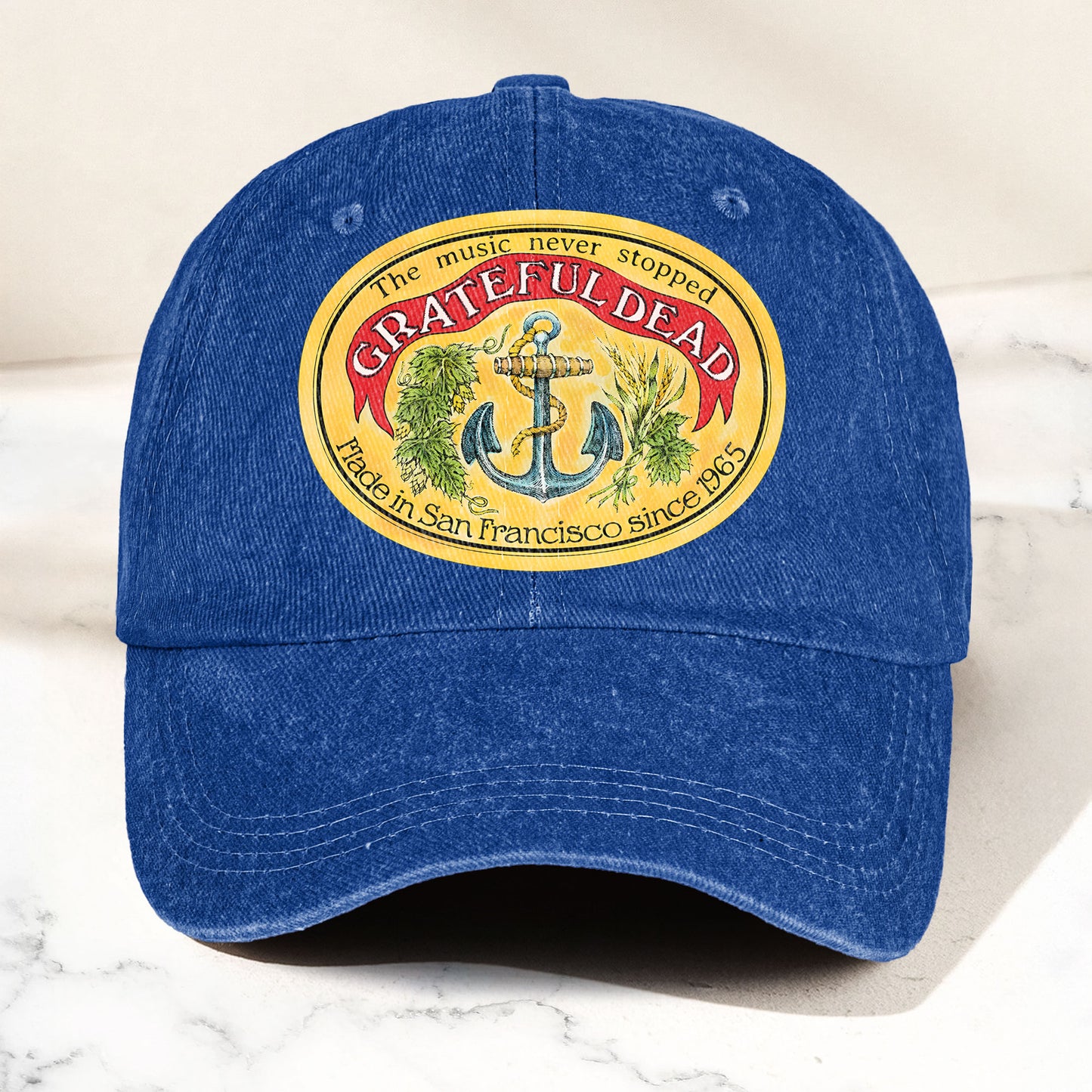 The Music Never Stopped Denim Cap – Grateful Dead Tribute Merch Dad Hat (With Box)