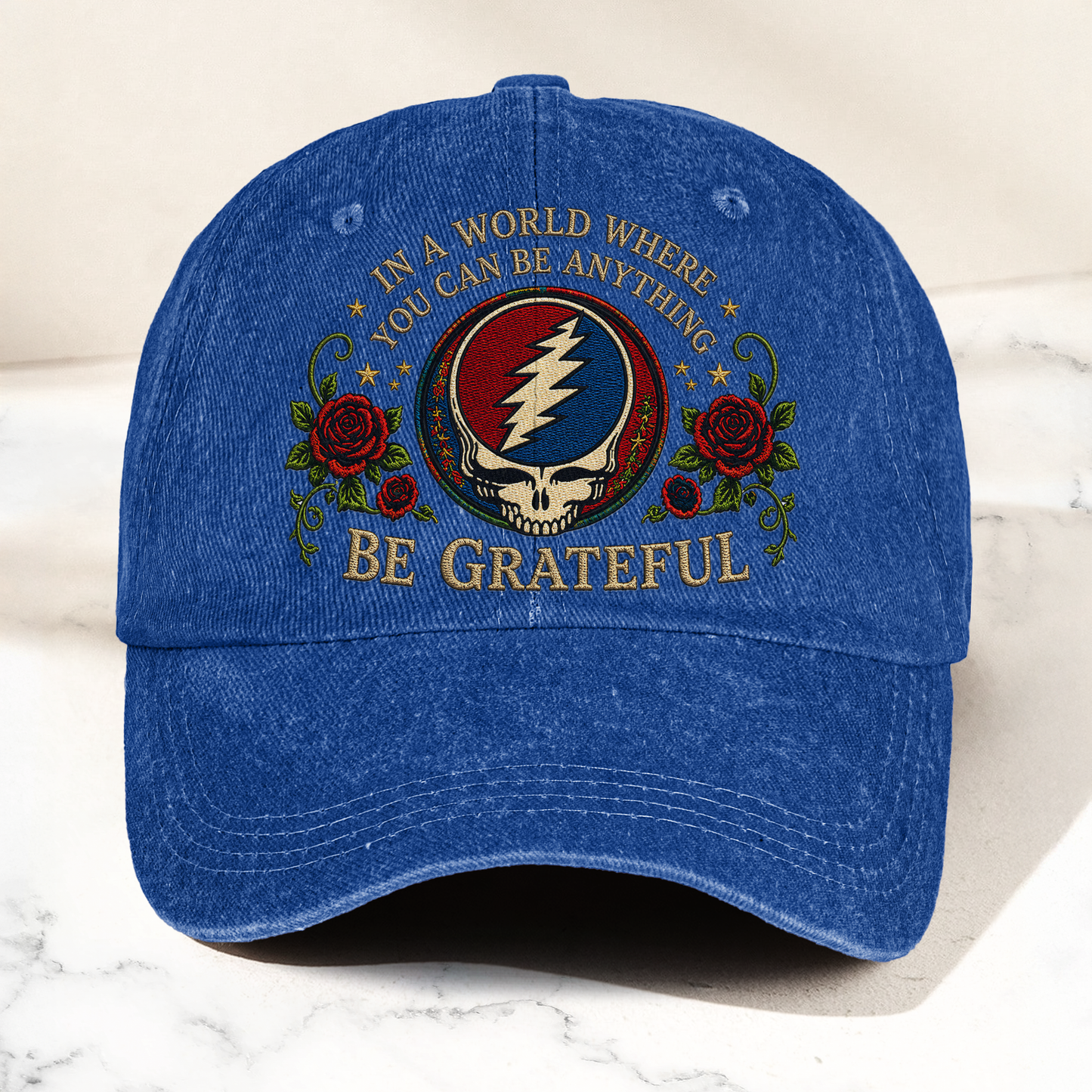 Grateful Dead Be Grateful Steal Your Face Lightning Skull Denim Cap – Retro Vintage Dad Cap Gift For Dad (With Box)