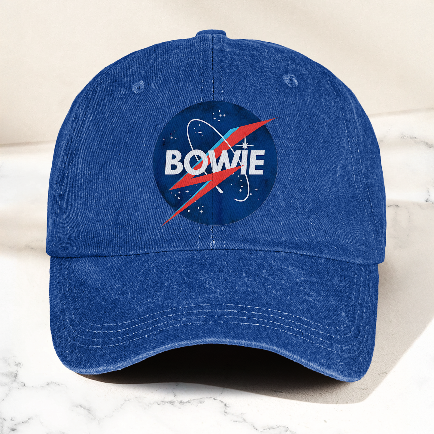 David Bowie NASA Lightning Bolt Logo Denim Cap – Retro Punk Rock Music Fan Cap Gift For Dad (With Box)