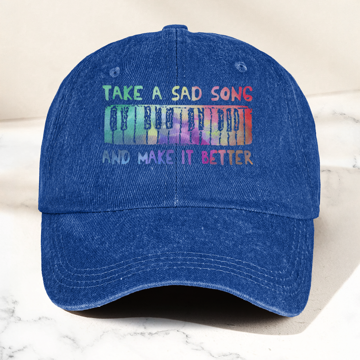 Take A Sad Song Piano Cap – Vintage Blue Dad Hat, Retro Music Quote Minimalist Piano Hat (With Box)