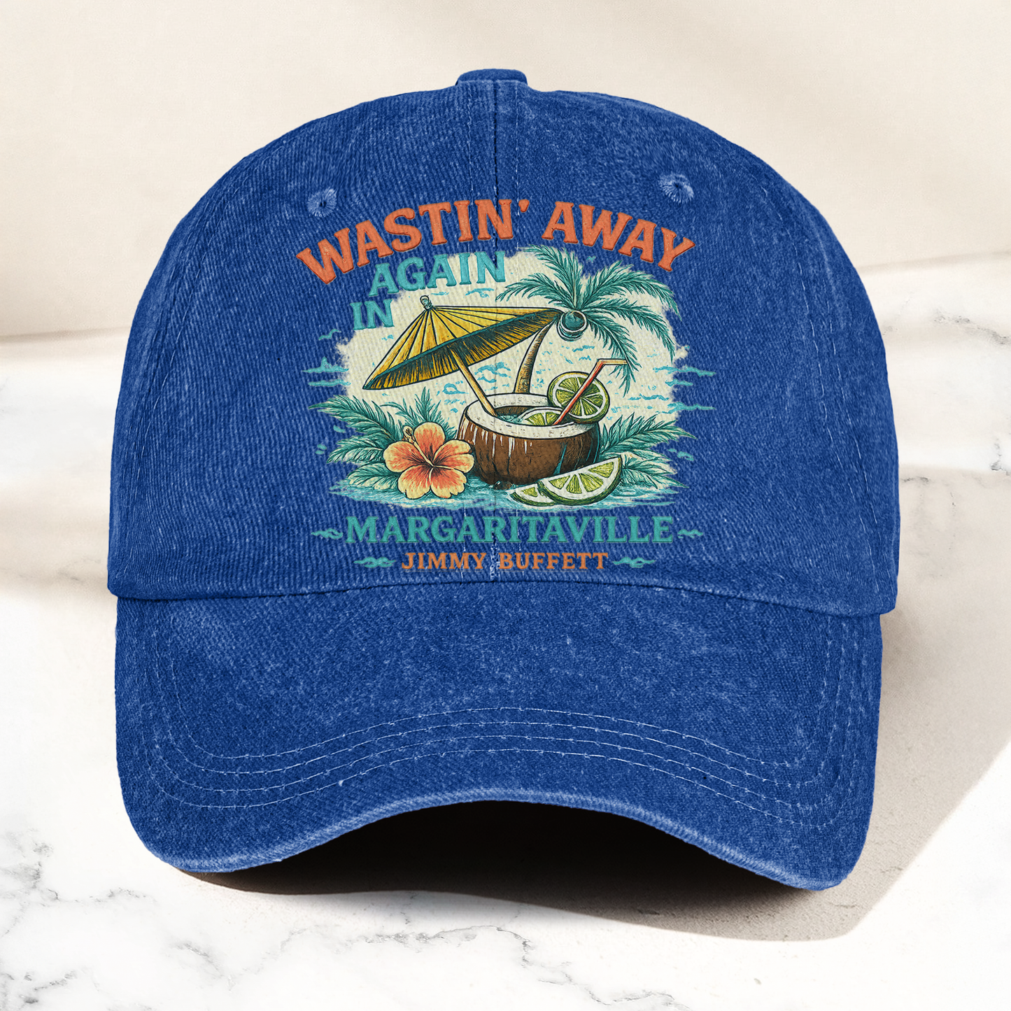 Jimmy Buffett Margaritaville Wastin Away Again Tropical Cocktail Beach Denim Cap – Retro Vintage Dad Cap Gift For Dad (With Box)