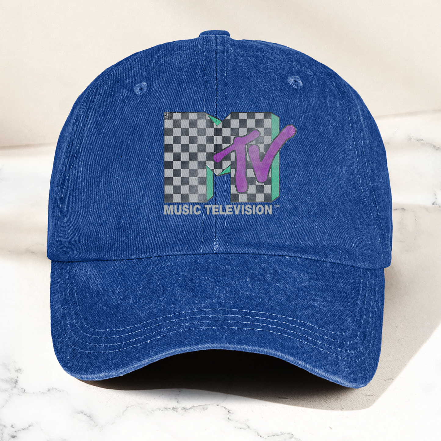 MTV Checkerboard Logo Cap – Vintage Washed Hat, Retro 80s Music Television Streetwear Hat (With Box)