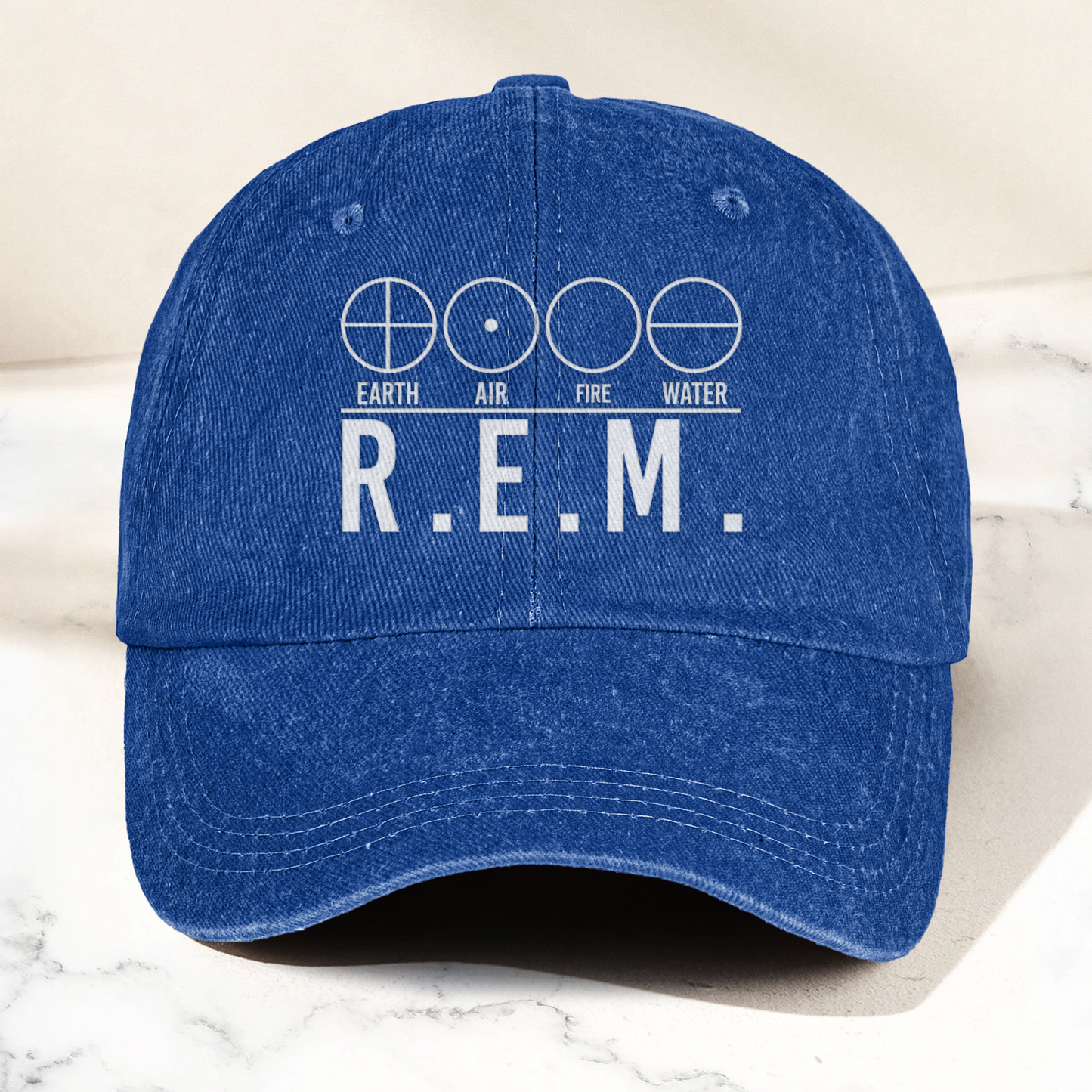 R.E.M Elements Logo Cap – Vintage Washed Black Denim Dad Hat, Earth Air Fire Water Minimalist Band Hat (With Box)