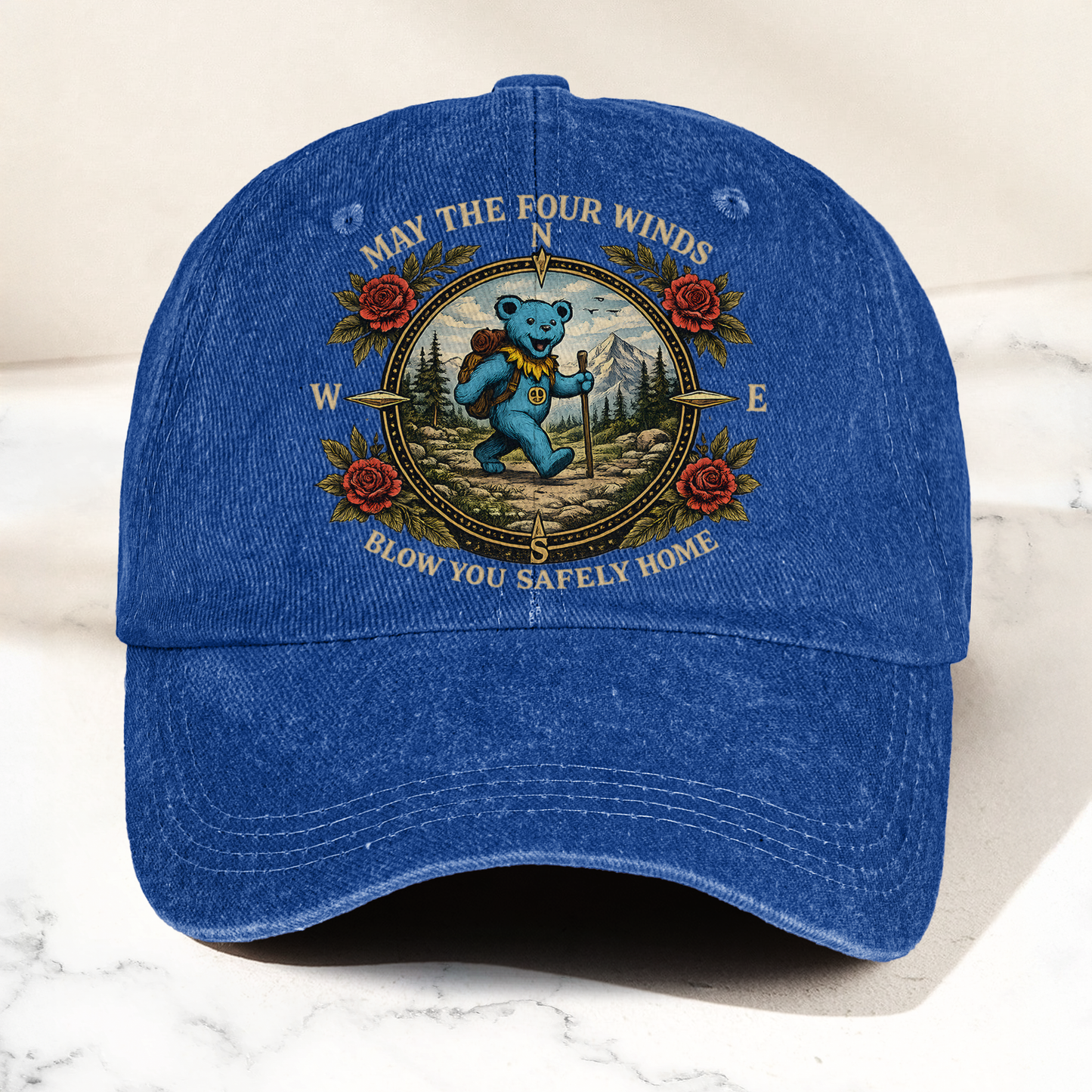 Grateful Dead Franklin's Tower May The Four Winds Blow You Safely Home Blue Dancing Bear Hiking Denim Cap – Retro Vintage Dad Cap Gift For Dad (With Box)