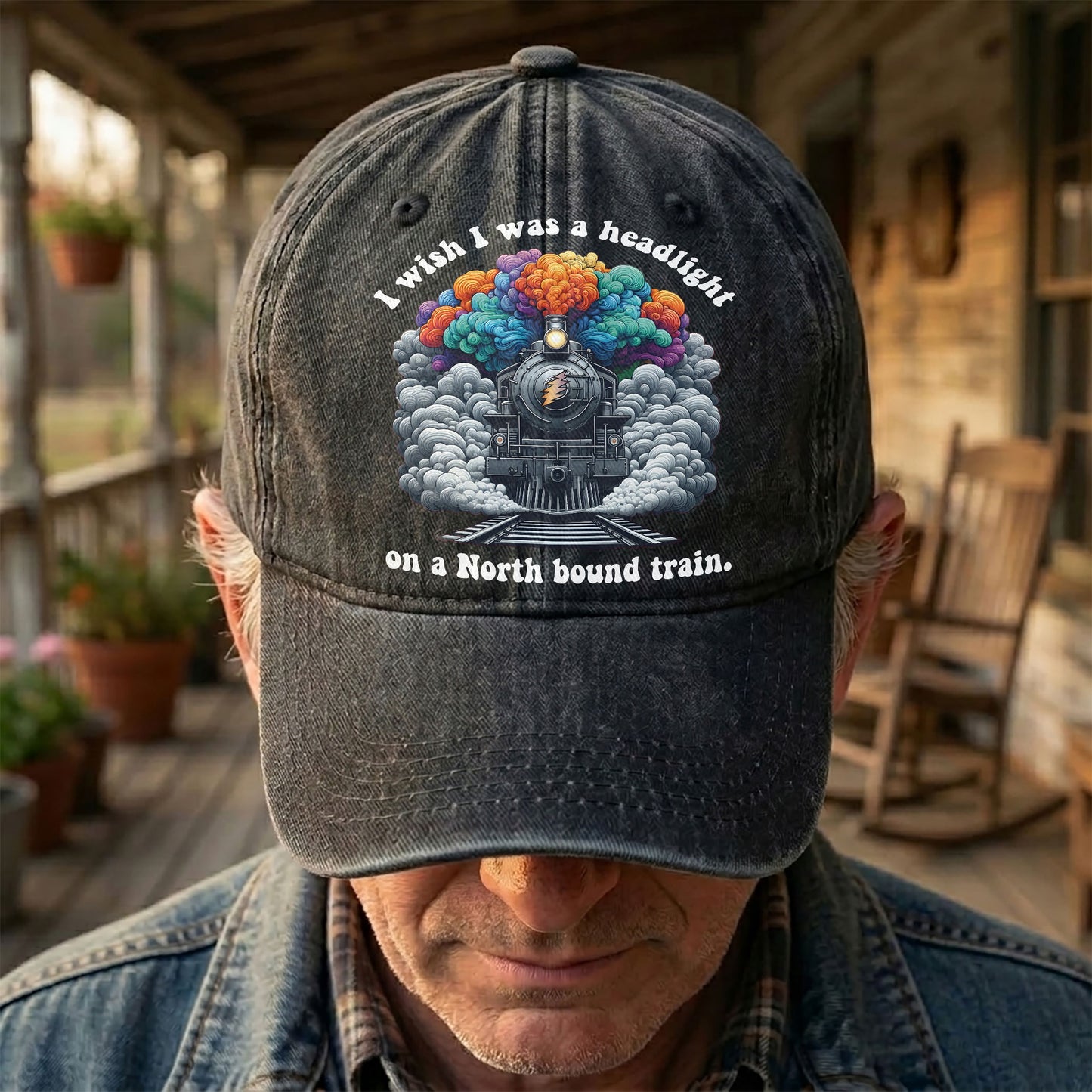 Grateful Dead I Know You Rider Headlight North Bound Train Denim Cap – Retro Vintage Dad Cap Gift For Dad (With Box)