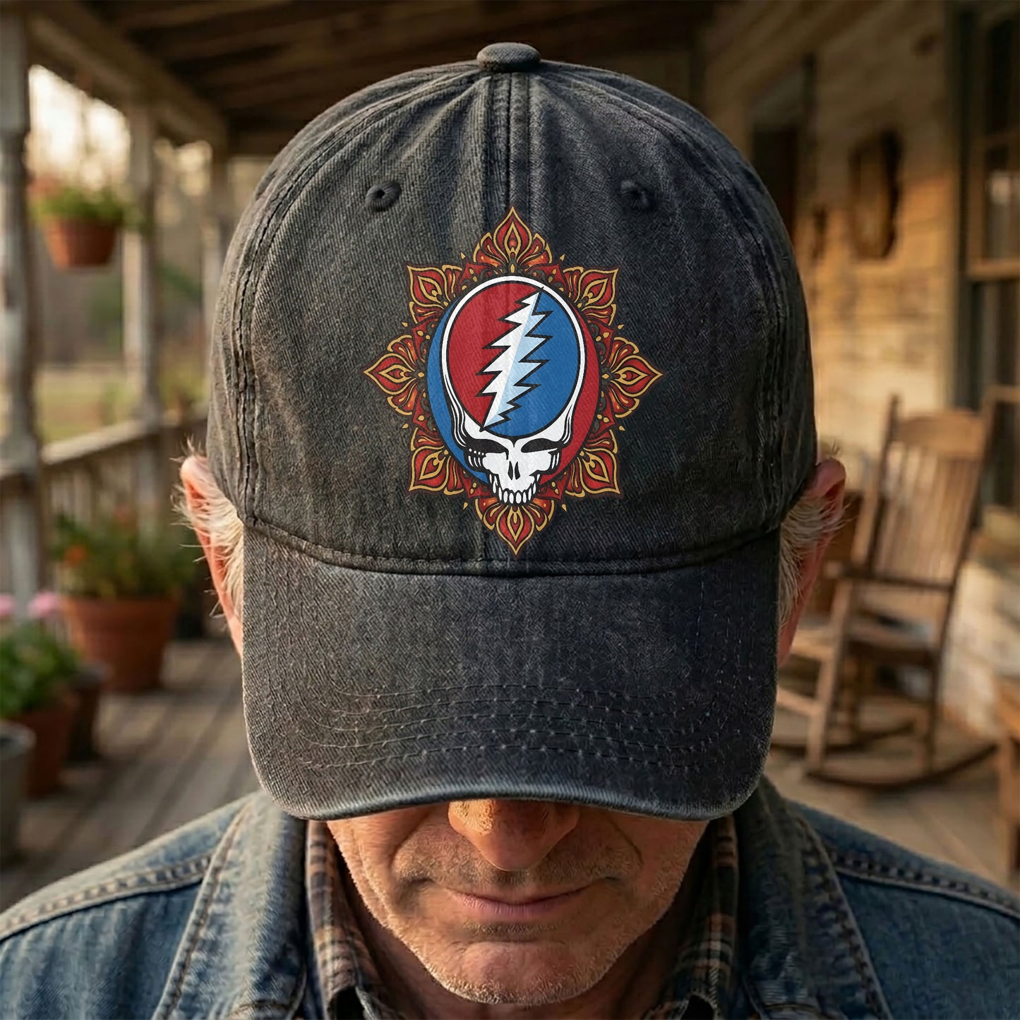 Grateful Dead Steal Your Face Mandala Lightning Skull Denim Cap – Retro Vintage Dad Cap Gift For Dad (With Box)