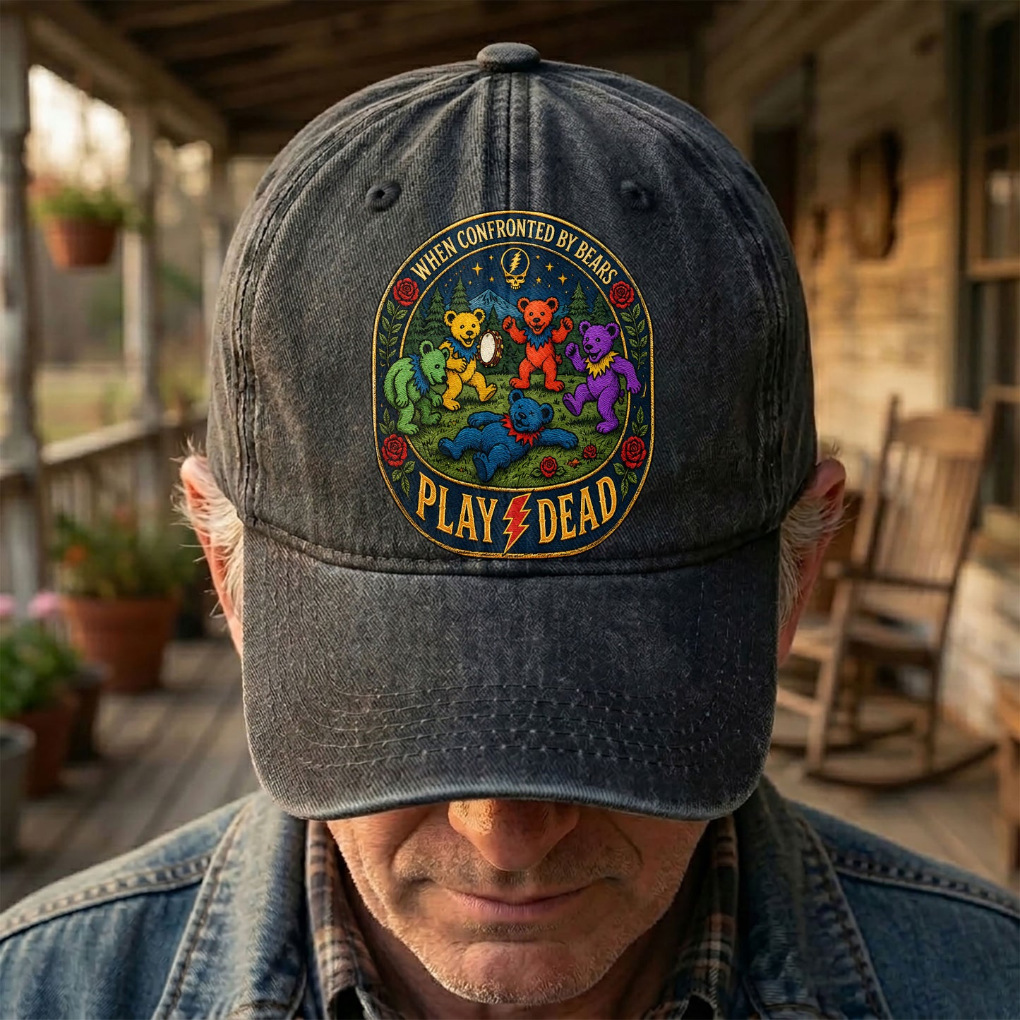 Grateful Dead When Confronted By Bears Dancing Bears Denim Cap – Retro Vintage Dad Cap Gift For Dad (With Box)