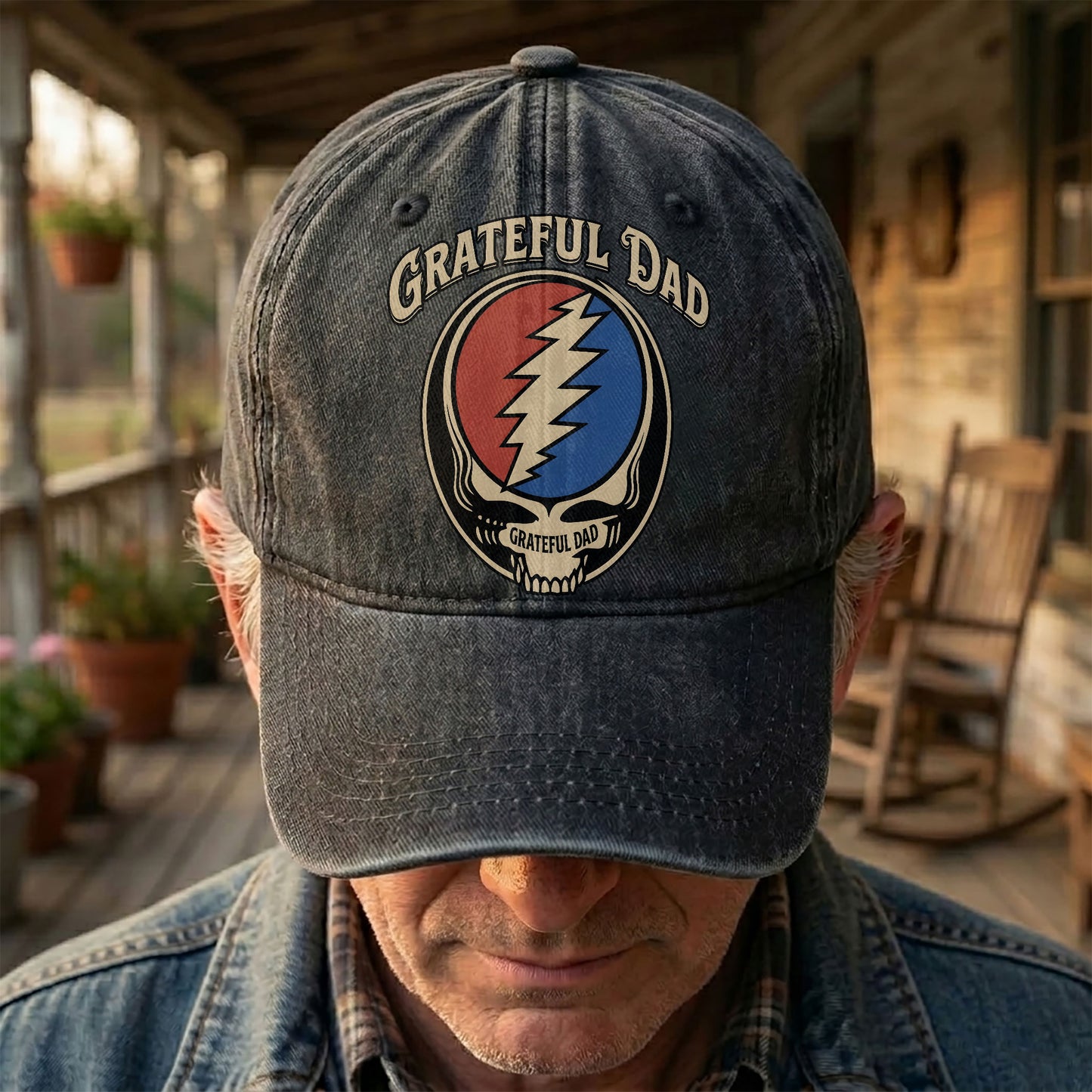 Grateful Dead Grateful Dad Steal Your Face Lightning Skull Denim Cap – Retro Vintage Dad Cap Gift For Dad (With Box)