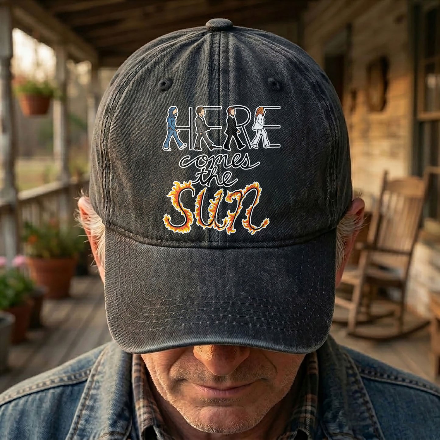 Here Comes the Sun Denim Cap – Retro The Beatles Tribute Merch Dad Hat (With Box)