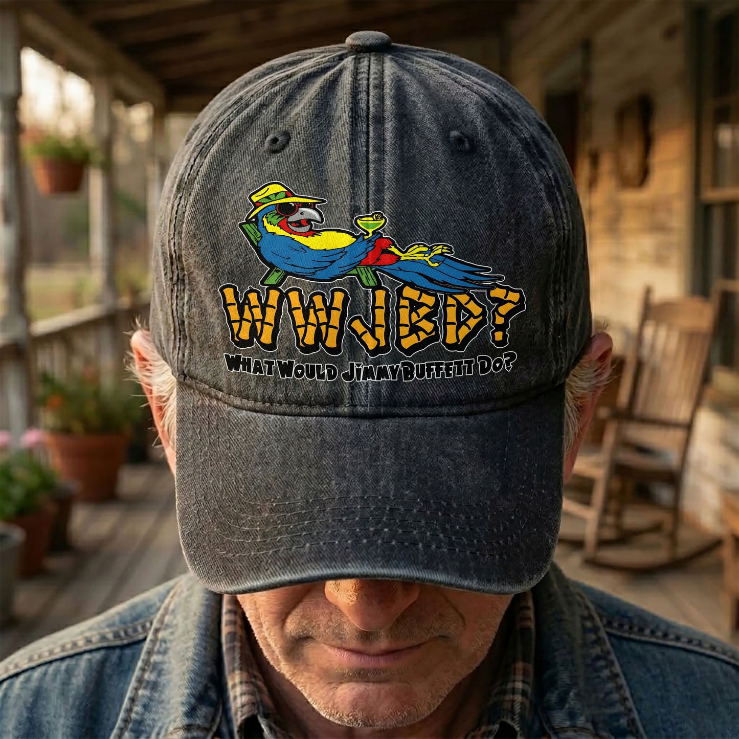 What Would Jimmy Buffett Do Denim Cap – Retro Jimmy Buffett Merch Dad Hat (With Box)