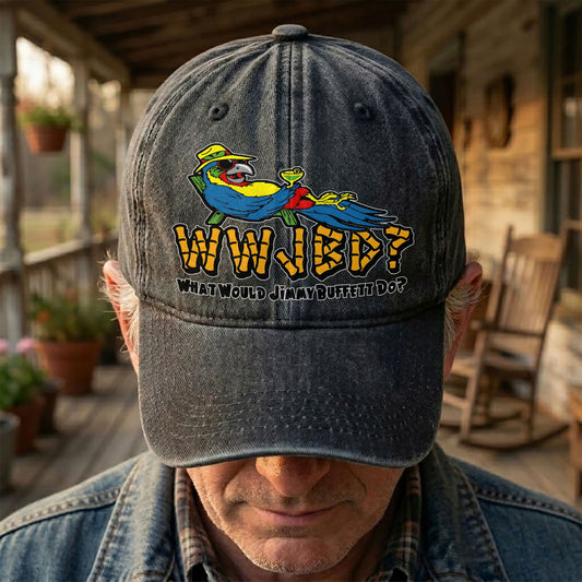 What Would Jimmy Buffett Do Denim Cap – Retro Jimmy Buffett Merch Dad Hat (With Box)