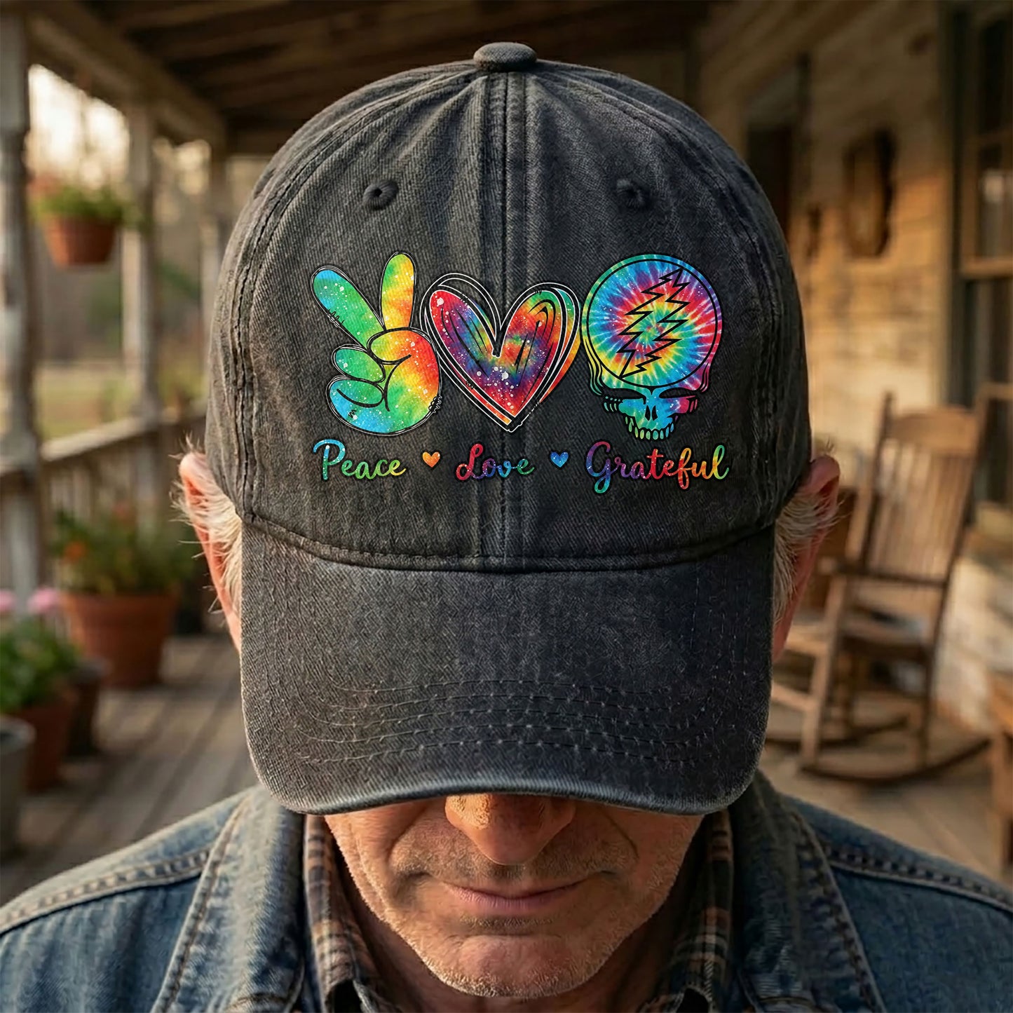Peace Love Grateful Denim Cap – Retro Grateful Dead Merch Gift for Dad (With Box)