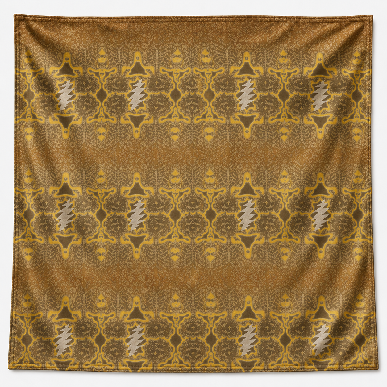 Grateful Dead Inspired Golden Satin Bandana - Vintage Boho Festival Scarf with Stealie Lightning Design