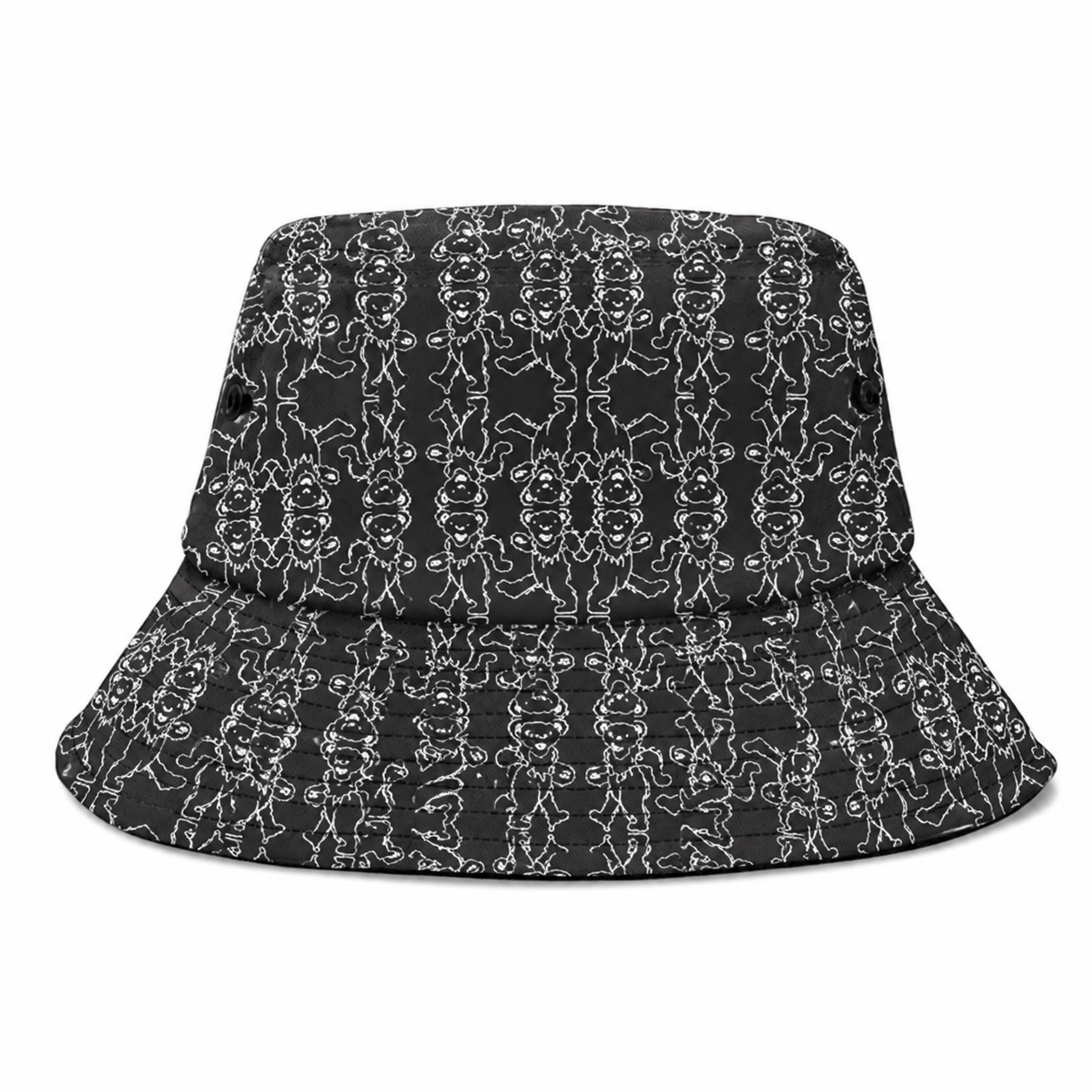 Dancing Bear Bucket Hat – Black & White Psychedelic Jam Band Inspired Festival Hat, Minimalist All-Over Print Sun Hat