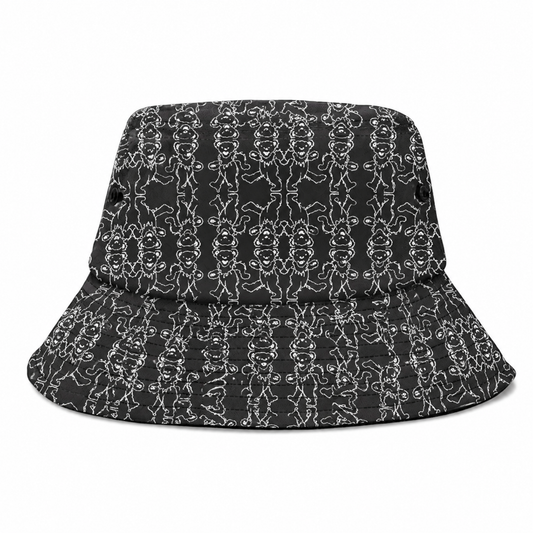 Dancing Bear Bucket Hat – Black & White Psychedelic Jam Band Inspired Festival Hat, Minimalist All-Over Print Sun Hat