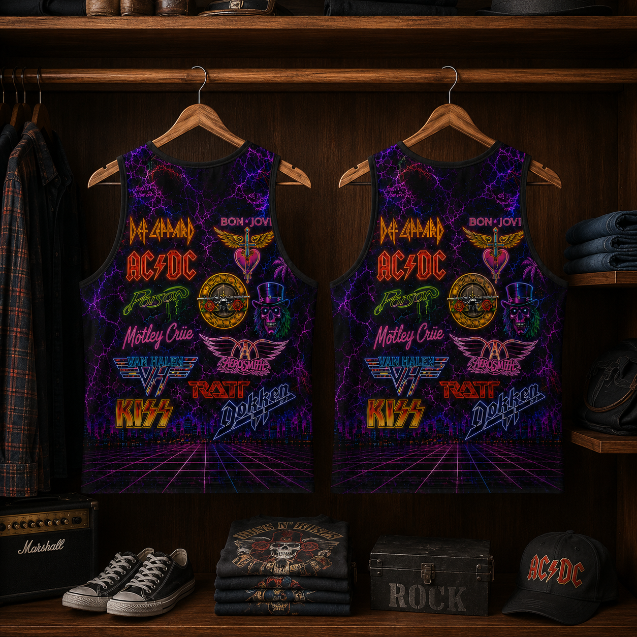 80s Rock Metal Tank Top - Neon Classic Rock Bands All-Over Print Retro Summer Sleeveless Shirt