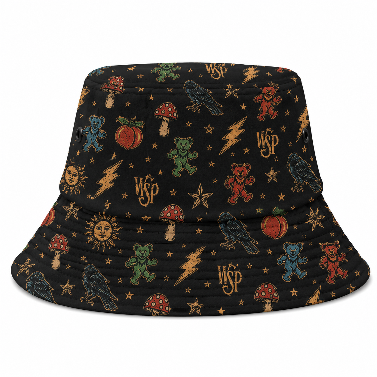 Widespread Panic Inspired Bucket Hat – Psychedelic Bears, Ravens & Mushrooms Festival Hat, All-Over Print Boho Outdoor Sun Hat