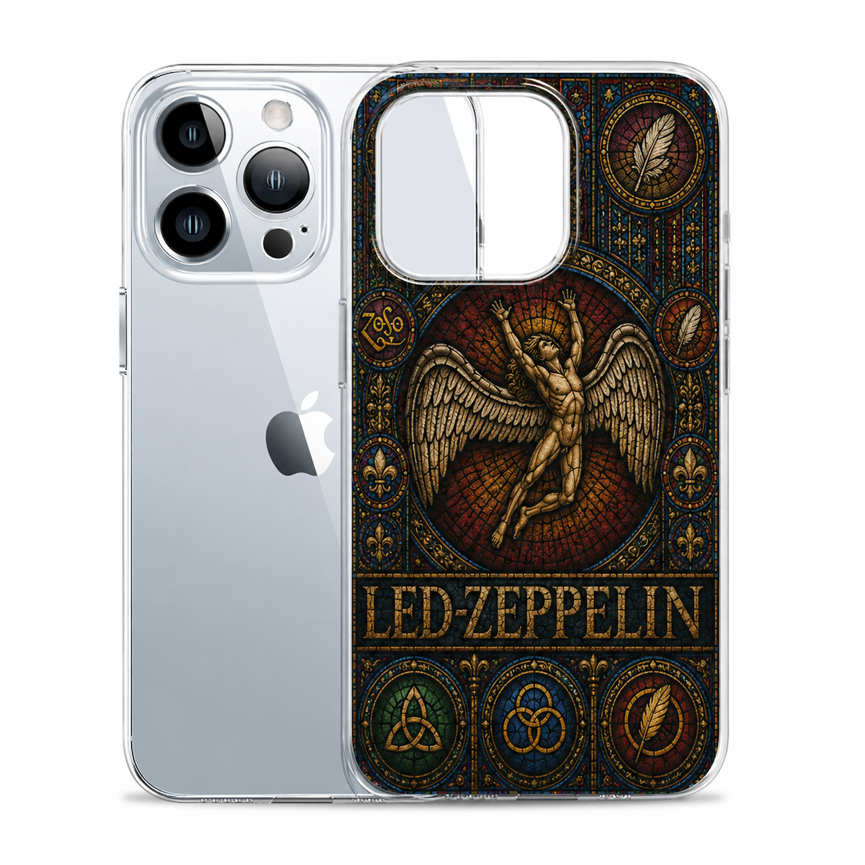 Led Zeppelin Stained Glass Phone Case – Vintage Angel Symbol Phone Cover, Rock Band Art Protective Case for iPhone 16, 15, 14, 13 Pro Max