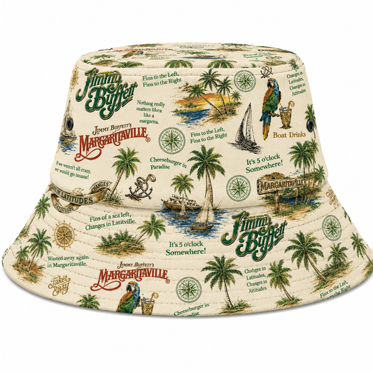 Jimmy Buffett Inspired Margaritaville Bucket Hat – Tropical Island Paradise All-Over Print Sun Hat for Beach & Summer Adventures