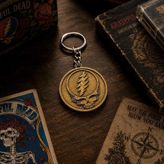 Grateful Dead Steal Your Face Skull Coin Keychain – Vintage Deadhead Key Ring, Antique Gold Lightning Bolt Skull Keychain