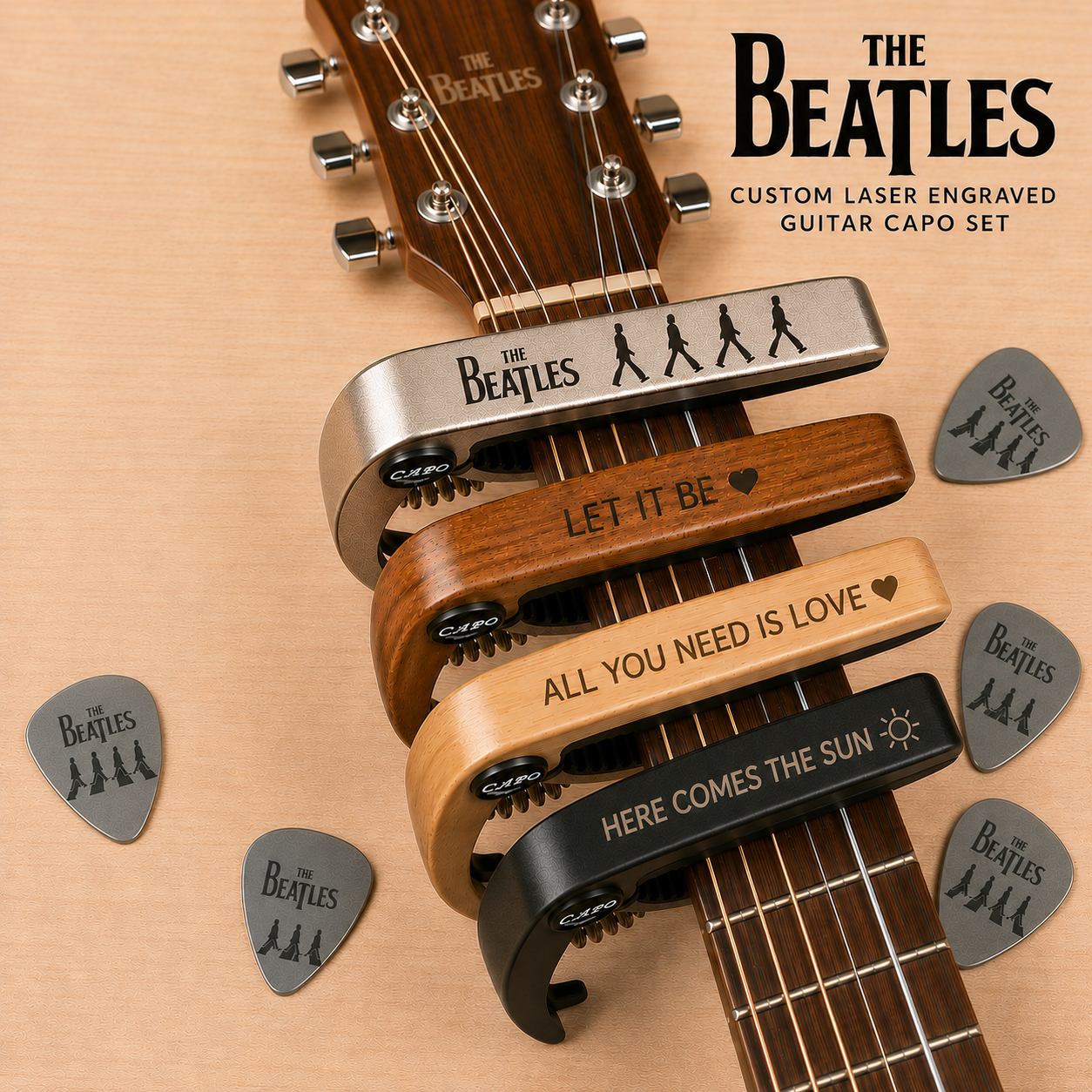 The Beatles Guitar Capo Set Custom Engraved Guitar Capo and Pick - Beatles Gift for Guitar Player, Acoustic Guitar Accessories, Music Lover Gift