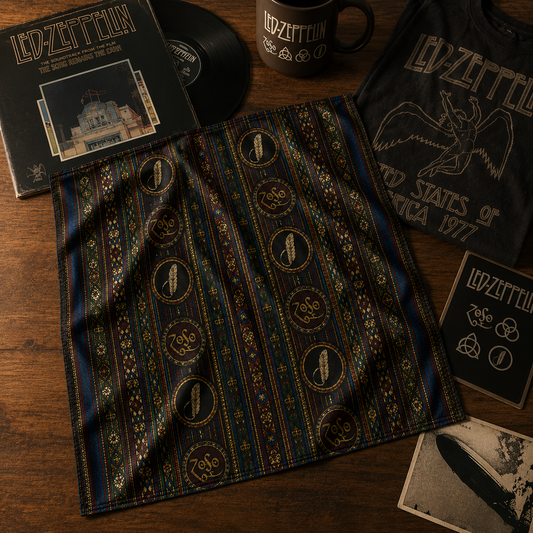 Led Zeppelin Inspired Satin Bandana - Vintage Bohemian Music Scarf with Feather & Symbol Design