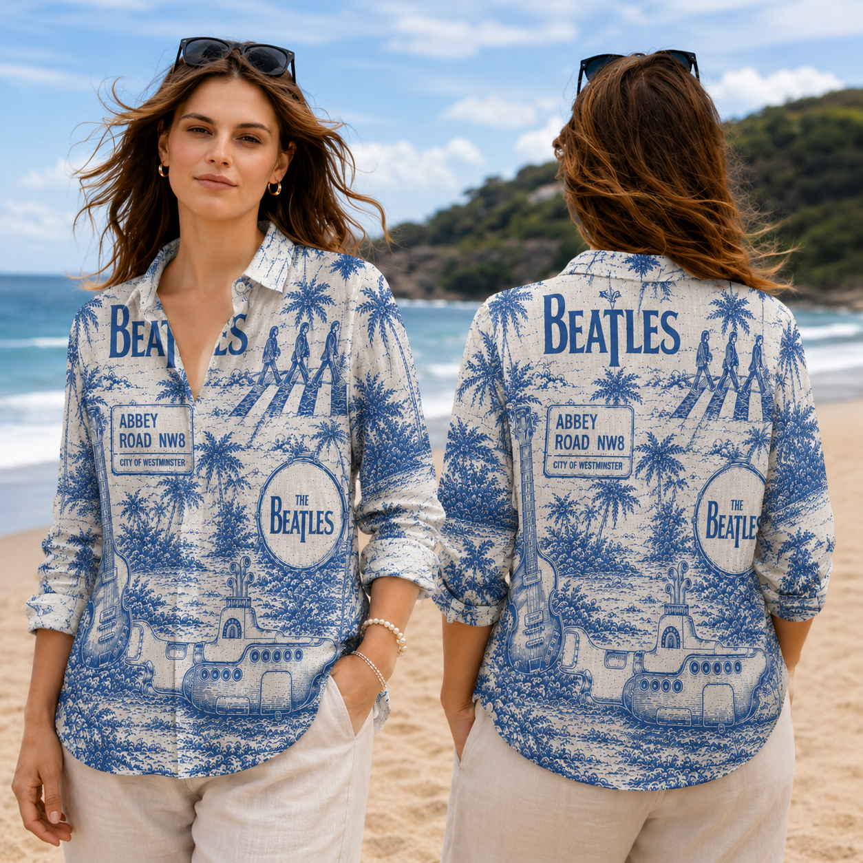 The Beatles Hawaiian Women Linen Shirt - Vintage Abbey Road Tropical Button-Up for Music Lovers