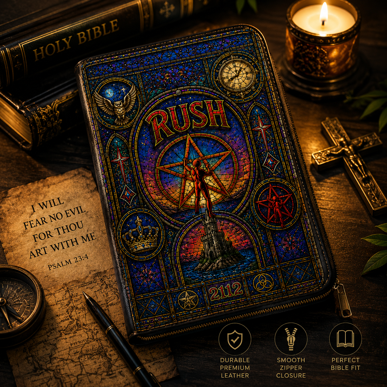 Rush 2112 Stained Glass Bible Cover - Progressive Rock Inspired Leather Zippered Book Cover