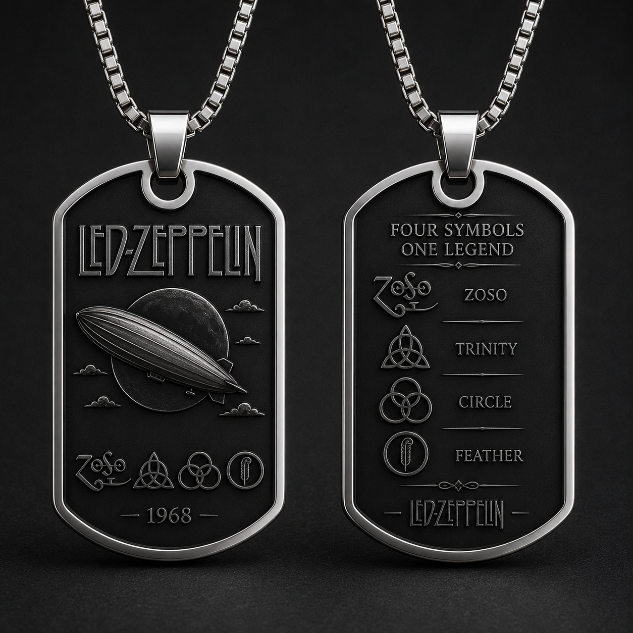 Led Zeppelin Dog Tag Necklace - Four Symbols Pendant, ZoSo Stainless Steel Necklace Led Zeppelin Gift, Rock Fan Necklace